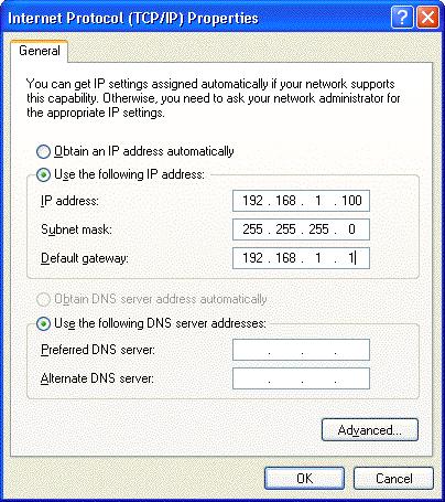 ADSL Router User Manual 14. Under the General tab, enable Use the following IP address. Enter the IP address: 192.168.1.x (x is between 2 and 254), Subnet Mask: 255.255.255.0 and Default gateway: 192.