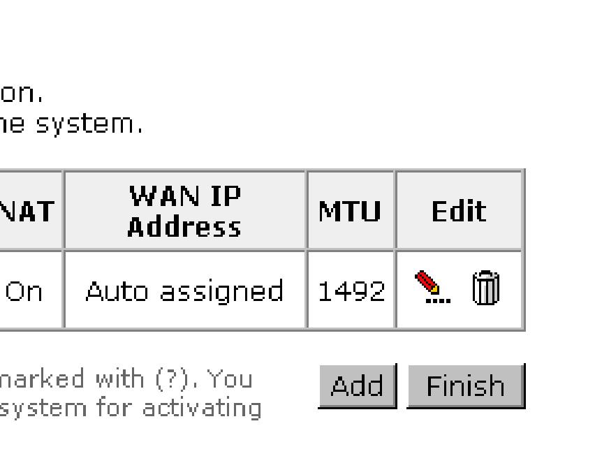 This page allows you to add new WAN settings, to edit or remove created WAN settings. If you click the Connect line under the PVC Name item, the system will connect to WAN automatically.