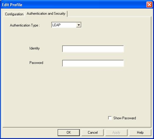 Figure 4-8 Add Profile: Authentication and Security: LEAP Table 4-4 Authentication: LEAP L ABEL Authentication Type Identity Password D ESCRIPTION Light Extensible Authentication Protocol.