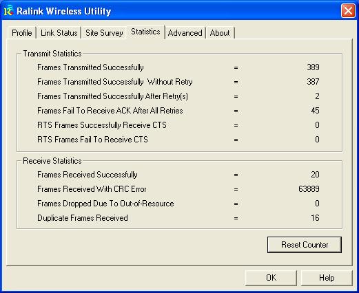 4.3.4. Statistics The Statistics screen provides information about the Transmit and Receive Statistics. You can reset counters if you need, otherwise click OK.