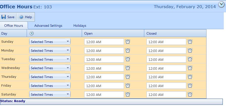 16.2 After-Hours: After-Hours offers you the ability to play a different greeting based on hours set in Office Hours. 16.3.1 From The Web Portal: Set your Office Hours in Control Panel>Office Hours.