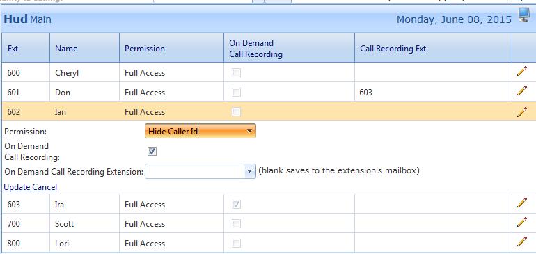 19.2 Setting HUD Permissions: The HUD can be set to hide CallerID if needed, or to completely disable the HUD for specific extensions using the following procedure from your Administrative login: 1.