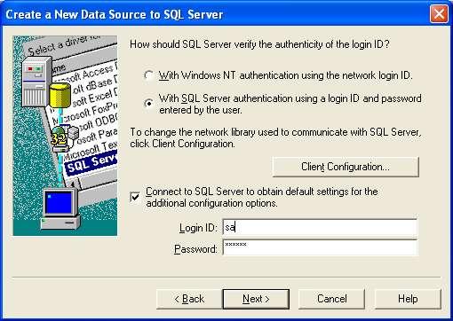6. Select the SQL Server authentication as defined by your Administrator.