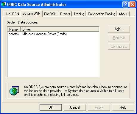 1.11. Connecting ACTAtek Agent to output.txt /.csv format 1.11.1. ODBC Setup 1. From Windows XP, 2. Start - > Control Panel 3. Select Administrative Tools; 4.