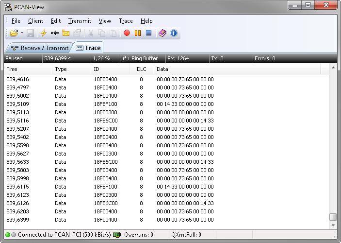 4.1.2 Trace Tab Figure 8: Trace Tab On the Trace tab the data tracer of PCAN-View is used for logging the communication on a CAN bus.