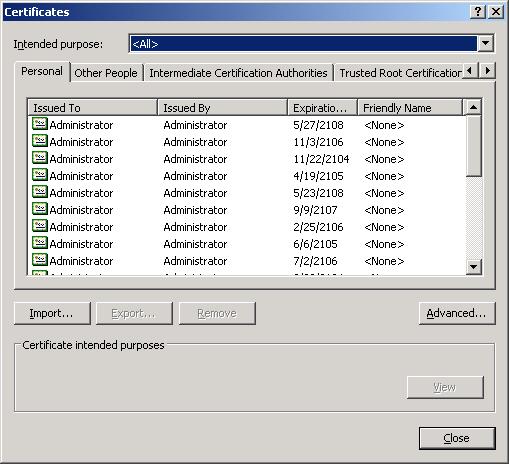 Certificates option tabs display: On the Personal tab (first tab), certificates are listed alphabetically; most user certificates will be at the