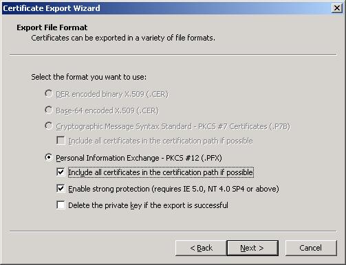 Wizard Step 2 Export File Format: Select Include all certificates in the certification path.