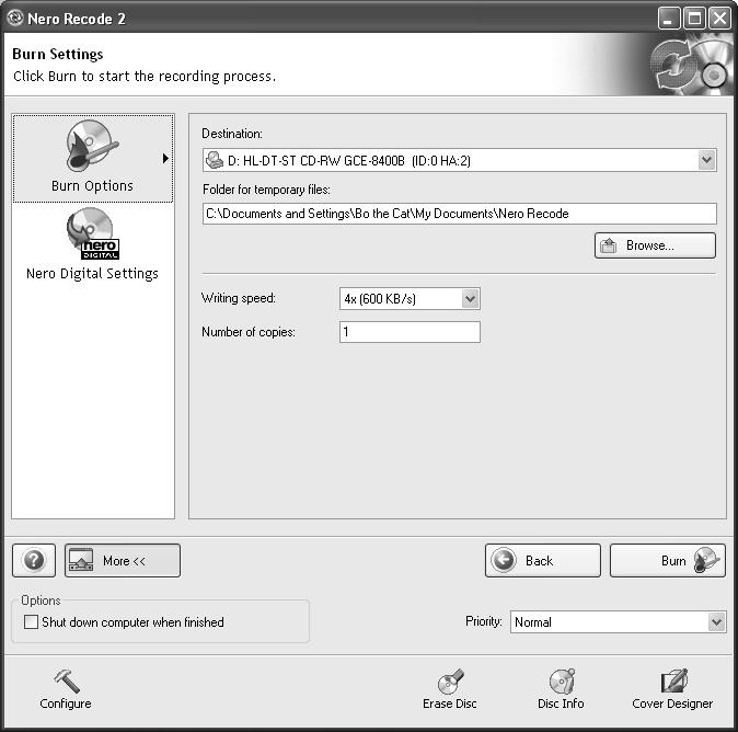 15. Click in the Fit to target list box and choose a destination for your video files, such as CD or DVD. 16. Click Next. Nero displays the burn settings, as shown in Figure 5-5.