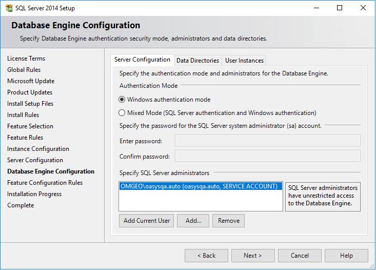 3. In the Server Configuration window, accept the default fields and then click Next. The Database Engine Configuration window appears (Figure 2.11). Figure 2.11 Database Engine Configuration 4.