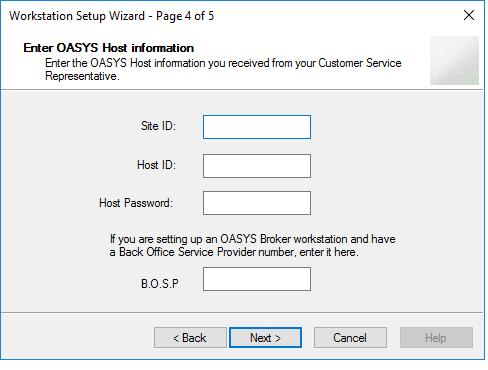 Figure 2.20 Workstation Setup Page 4 of 5 5. Enter the OASYS host information, which you obtain from Omgeo, and then click Next.