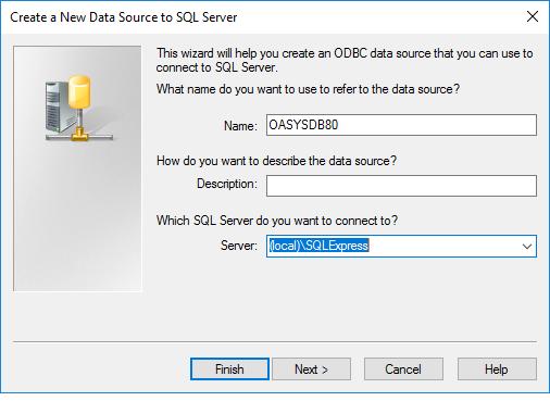 Figure 3.2 Create a New Data Source to SQL Server 5. Type OASYSDB80 in the Name field for your new DSN and select (local)\sqlexpress in the Server drop-down list, and then click Next.