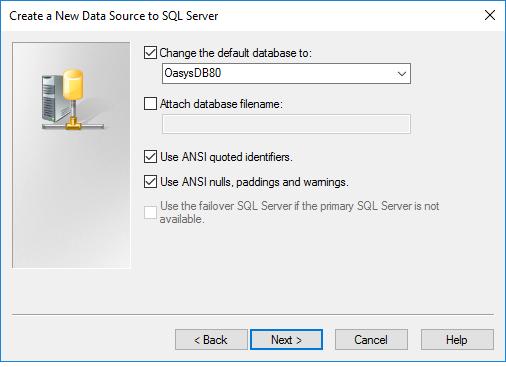 Figure 3.4 Microsoft SQL Server DSN Configuration 2 of 2 9. Select the Change the default database to check box and select OasysDB71 from the drop-down list.