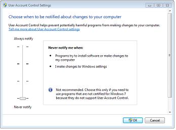 3. Click Change User Account Control settings. The User Account Control Settings dialog box appears (Figure 1.1). Figure 1.1 User Account Control Settings 4.