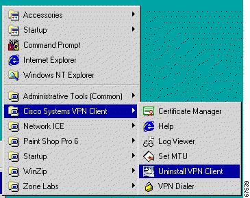 Before you run the uninstall program, make sure you have closed all of your remote access (Dial-Up Networking) connections and all VPN Client applications. Then use the following procedure.
