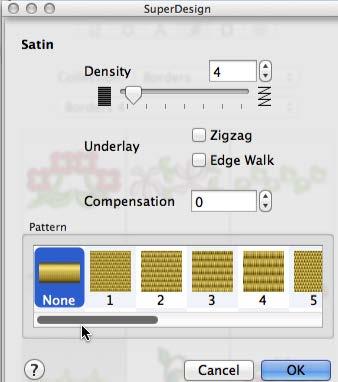 16. Here, you can select options for the particular stitch type you have chosen. 17. For Continuous Satin, you can adjust Density (the higher the number, the less dense the stitches).