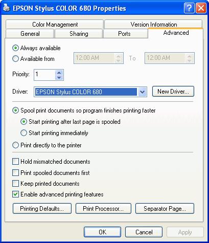 Step 3 : Click on Advanced tab to see if the driver of EPSON Stylus COLOR 680 has been installed before.