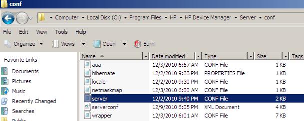 35 HP Device Manager tools Configuring HPDM Server Here, we explain each parameter in the Server configuration file. Accessing the Server configuration file 1.