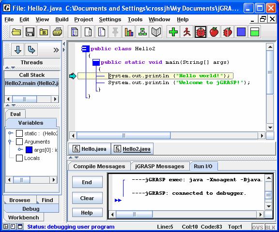 should pop up in place of the Browse tab, and your program should stop at the breakpoint as shown in Figure 2-18 below. The debugger control buttons are located at the top of the Debug tab.