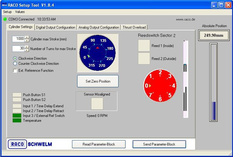 Cylinder Setting Screen with the RACO Tools Software: Display Functions: Absolute Position Status of Binary Inputs Reed Switch Diagnostic Angular Position Connection Status Sensor Head Alignment
