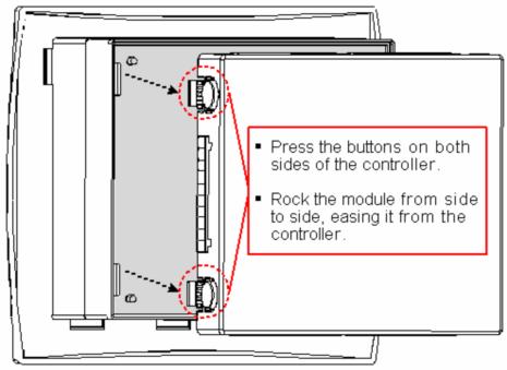 Changing Jumper Settings To access the jumpers, you must remove the snap-in I/O module from the controller, and then