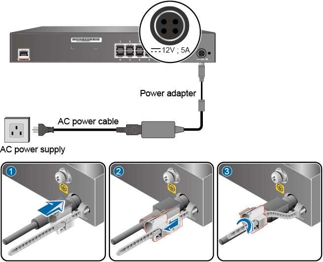 2 Hardware Installation Figure 2-14 Connecting a power adapter ----End Follow-up Procedure Verify the following after the connection is complete: The power cable is firmly connected to the power