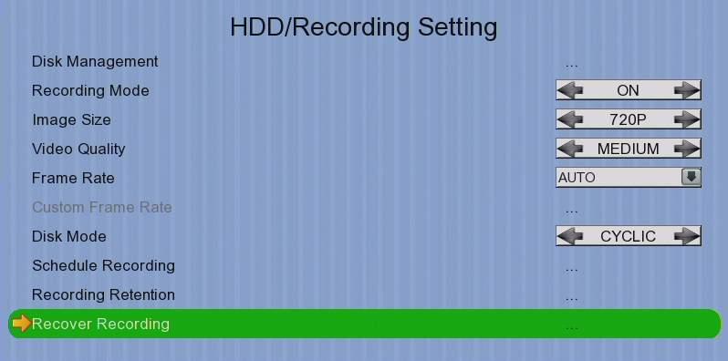 User Guide PAGE 67 To change other recording settings or edit recording schedules, go to the following menus: [Main Menu] [HDD/Recording] Disk Management Recording Image Size Video Quality Frame Rate