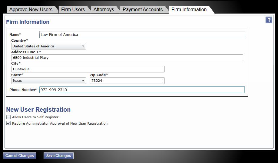 Manage Firm Information 4. Edit the payment account name or type in the form. 5. Click the button to save the changes and continue, or click the button to cancel any changes made.