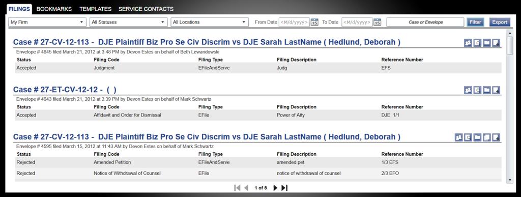 To resume filing of a saved draft, click the link at the top of the page, find your case on the FILINGS screen, and click the icon to resume your filing. Figure 1.