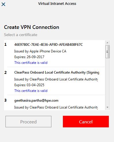 Figure 108 Certificate-based Authentication When the VPN connection is established, the VPN ring becomes green and displays a VPN CONNECTED status.
