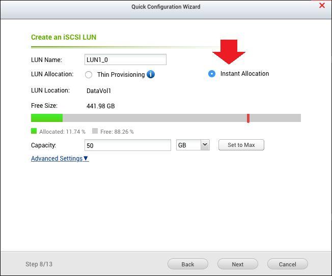 Figure 4: Specify the size for the LUN You will be taken to Step 12, which is a screen to confirm the settings.