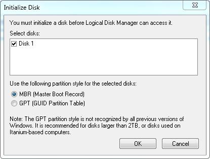 Go back to Administrative Tools and choose Computer Management; within it choose Disk Management. You will receive a message about having to initialize the new disk.