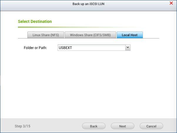 Figure 8: Select the backup destination Step 4 allows you to fine tune the location i.e. the LUN(s) to be backed up, but the defaults are usually fine so just click Next.