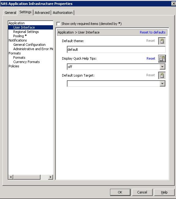 68 Setting Global Properties for SAS Applications 4 Chapter 6 Display 6.4 Settings Tab for SAS Application Infrastructure Properties The locked icon indicates that a field is locked.