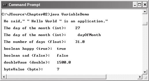 1-59863-275-2_CH02_42_05/23/06 42 Java Programming for the Absolute Beginner The number of days is: dayofmonth VariableDemo.java also provides a few variations on the basic initialization routine.