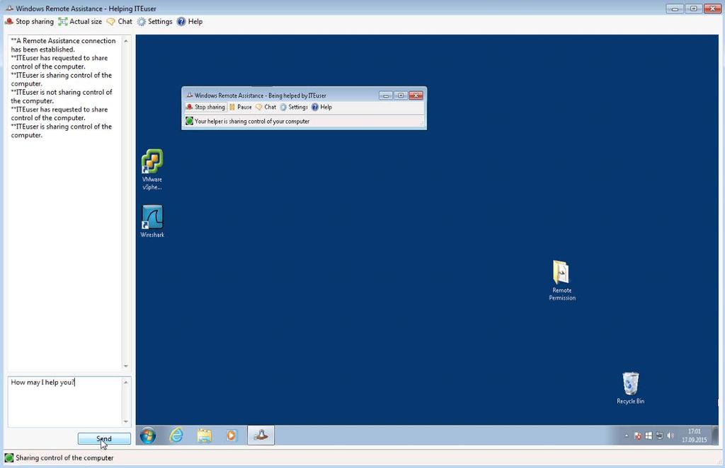 d. A chat area appears on the left side of the Windows Remote Assistance Helping ITEuser window. Type How may I help you?