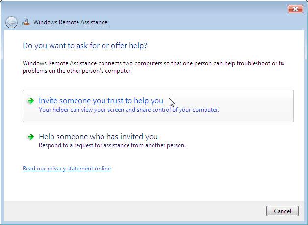 The Windows Remote Assistance window opens. Click Invite someone you trust to help you.