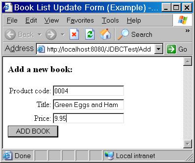 executeupdate( INSERT INTO books (productcode, title, price) VALUES ( 0004, Green Eggs and
