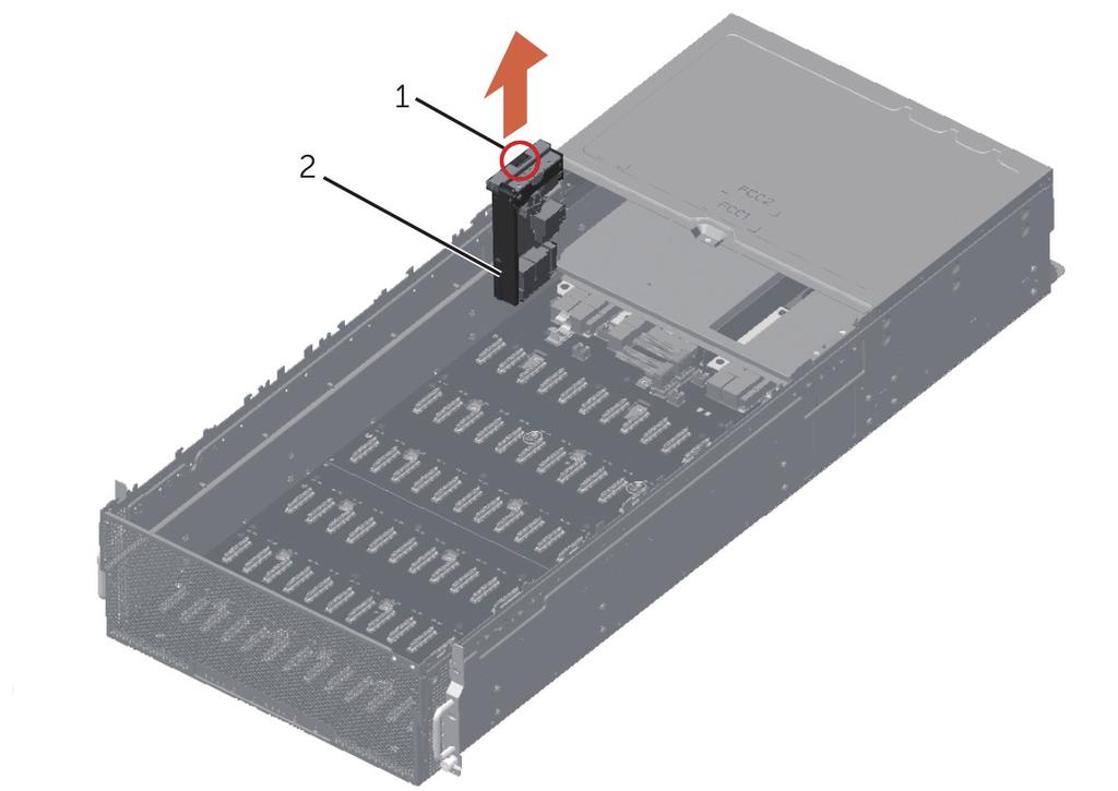 Figure 39. Removing and installing the interposer board 1 latch 2 interposer board NOTE: For single-node systems, the interposer board looks differently and its number of SAS connectors varies.