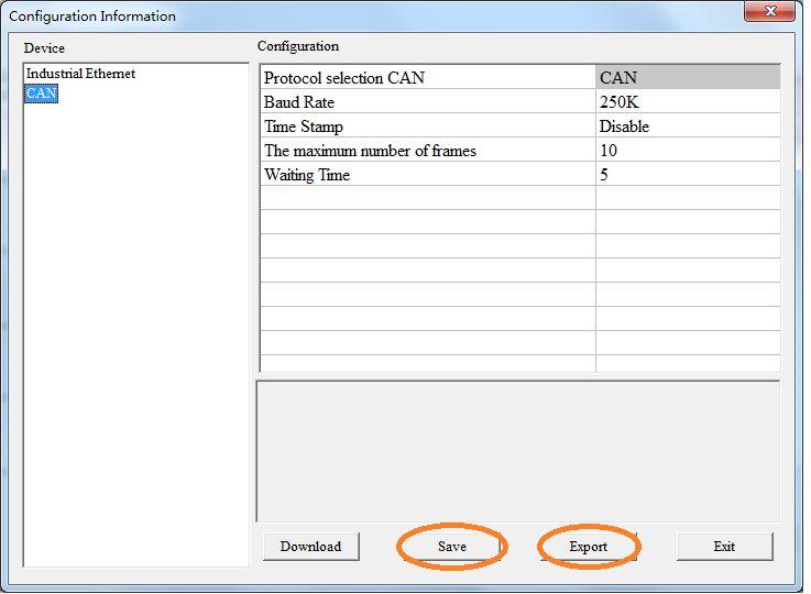 Figure 8: Save/Export file Note: User can change configuration data, after that users can save the parameters into file, but please ensure the accuracy of the data; otherwise incorrect data will be