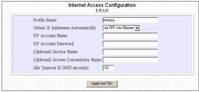 If you choose via PPP over Ethernet for the selection of Obtain IP Address Automatically. The following screen will be displayed.