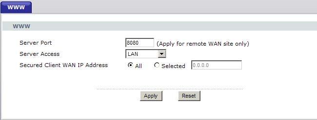 Chapter 13 Remote Management 13.3 WWW Screen To change your NBG-416N s World Wide Web settings, click Management > Remote MGMT to display the WWW screen.