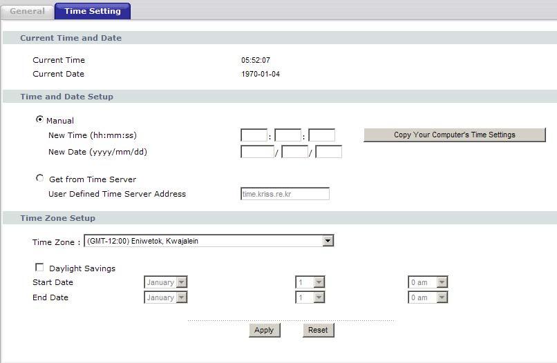 Chapter 15 System 15.4 Time Setting Screen To change your NBG-416N s time and date, click Maintenance > System > Time Setting. The screen appears as shown.