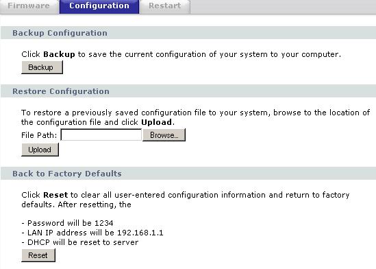 Chapter 17 Tools 17.4 Configuration Screen Click Maintenance > Tools > Configuration. Information related to factory defaults, backup configuration, and restoring configuration appears as shown next.