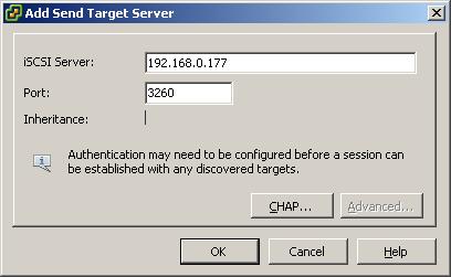 Press the Add button, the Add Send Targets Server dialog appears Input iscsi Server address and port with