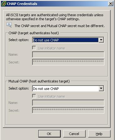 Type CHAP user name and secret in the CHAP (target authenticates host) group.