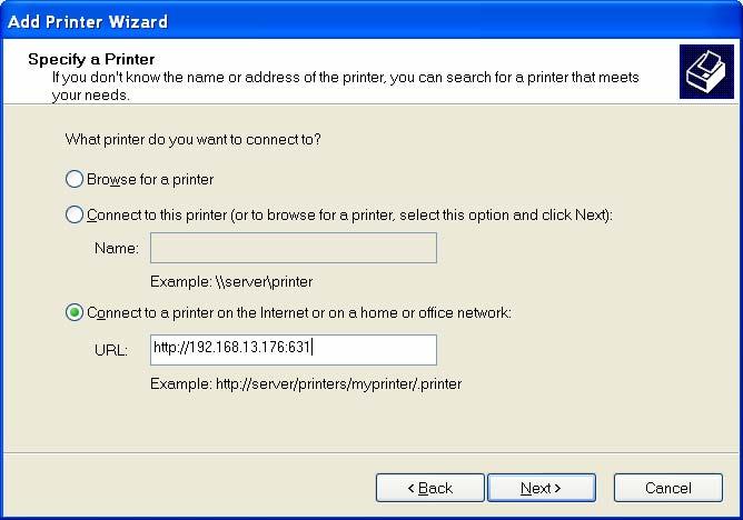 Select Connect to a printer on the Internet or on a home or office network and enter the URL of print server. The URL format is http://ip/lpt_port:631. The IP should be the print server s IP.