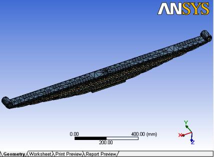 Figure-7 Meshing of Assembly Figure-8 Boundary Conditions in ANSYS-11 Result and Discussions As the finite element analysis of multi leaf spring is performed using ANSYS-11 detailed above, in which