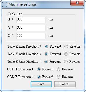 5.5.2. Parameter 5.5.2.1. Table size setup Registers the table size of the machine by XYZ axes, and the moving direction of each axis. Please see below window. 5.5.2.2. Parameter adjustment Icons: 1.