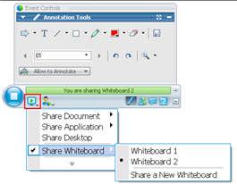Chapter 10: The Event Window Select Share Whiteboard and choose another whiteboard from the list. Select Share Document > Share a New Whiteboard to start a new whiteboard.