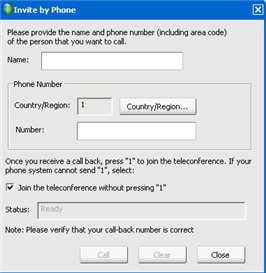 Chapter 13: Managing an Event To invite attendees to only a teleconference in an event: 1 Open the Invite by Phone dialog box by using one of these methods: In the content viewer of the Event window,